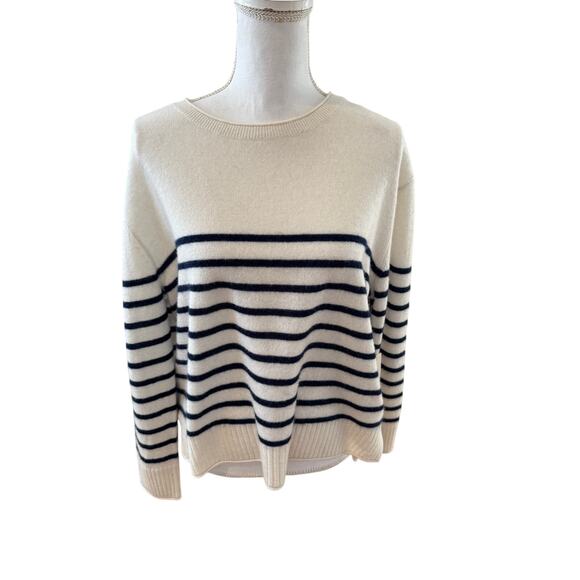 Rachel Zoe Nautical Stripe Cashmere Crewneck Sweater Cream Blue L - Picture 2 of 5